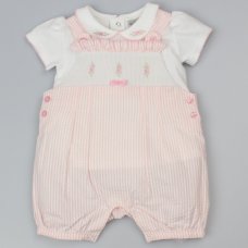 C12028: Baby Girls Flower Stripe  Dungaree & Top Outfit (0-9 Months)